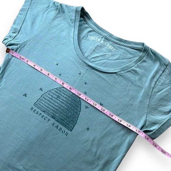 Green Label Top Womens Medium Blue Slim Fit Organic Cotton Respect Labor T-Shirt - Picture 10 of 11